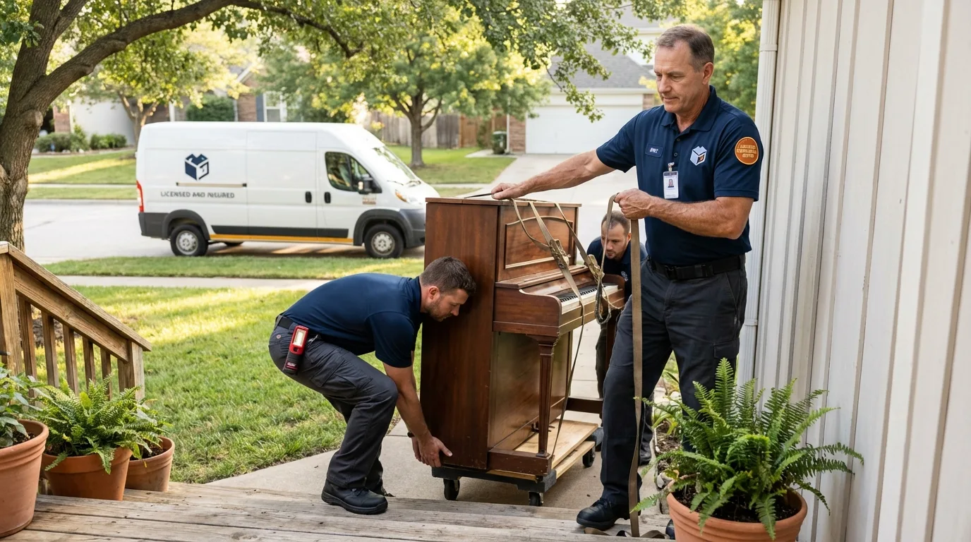 Licensed piano movers securing grand piano in Mishawaka, IN