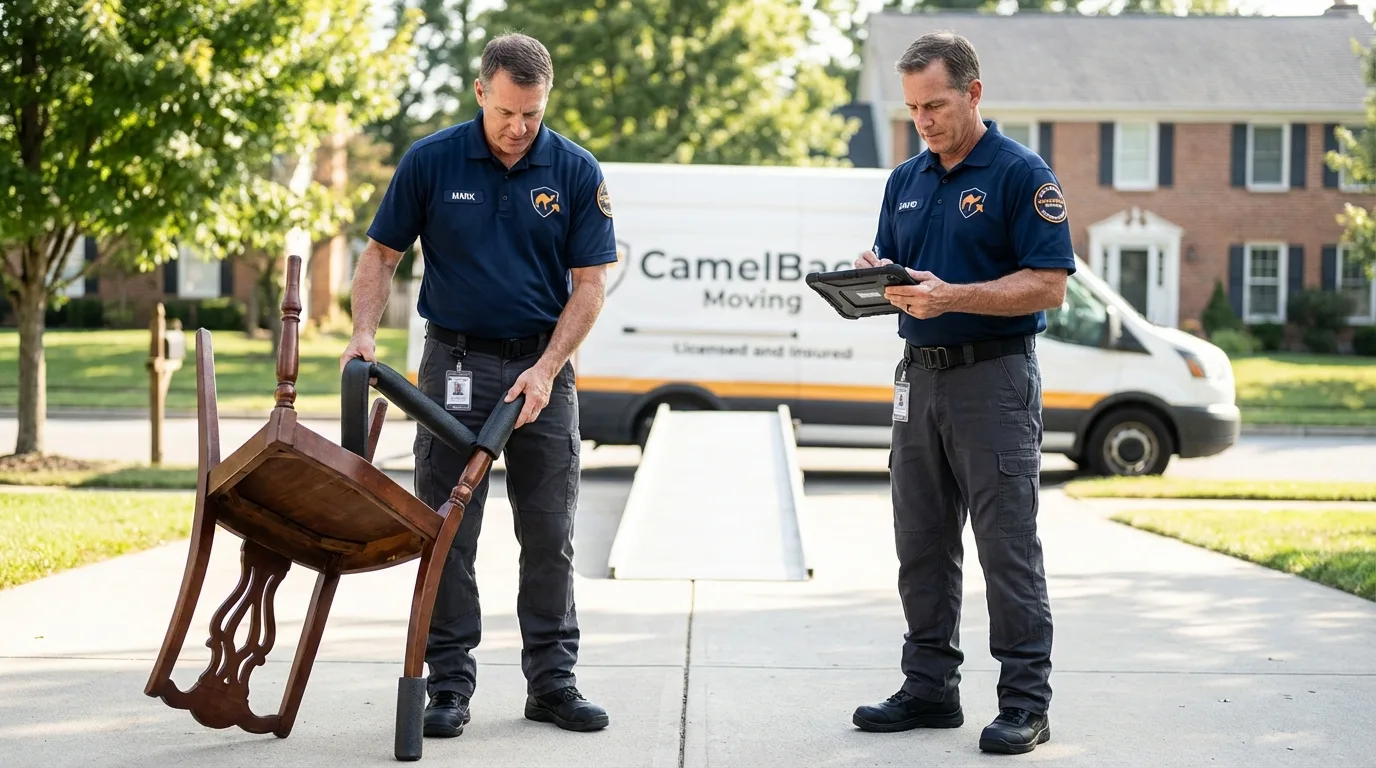 Movers inspecting furniture for damage prevention before loading in Mishawaka, IN