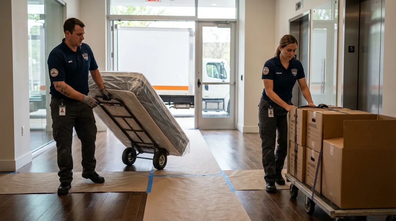Professional apartment movers loading elevator in Mishawaka, IN