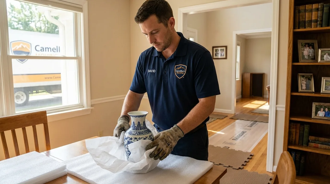 Professional crew carefully wrapping antique vase for senior downsizing move in Mishawaka, IN
